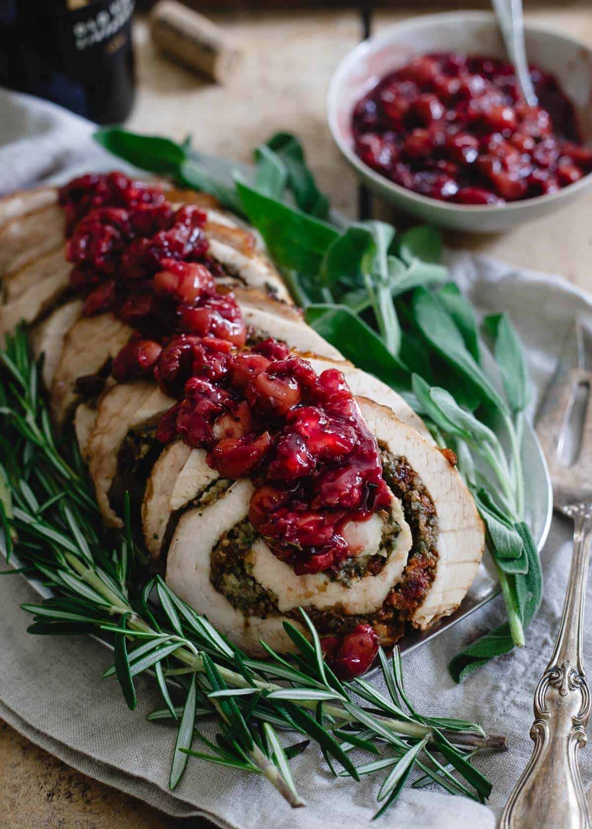 This turkey roulade is stuffed with Montmorency tart cherries, chestnuts and herbs. It's topped with a red wine soaked cherry sauce and makes for a beautiful (and easy!) holiday dish.
