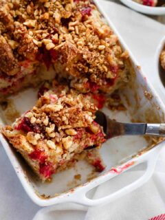 This English muffin casserole is filled with sweet, tart cranberry sauce and creamy mascarpone cheese. Perfect for a holiday brunch!