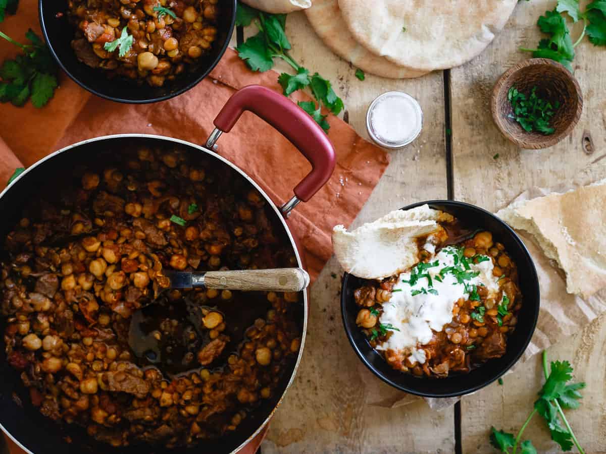 Lamb, lentils and chickpeas combine in this Moroccan inspired stew for a cozy one-pot meal perfect for wintertime.