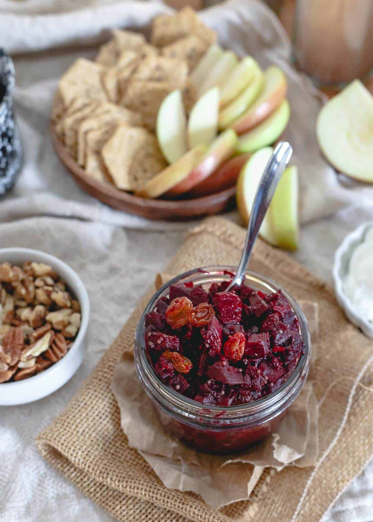 This beet apple chutney is infused with orange and lots of warming winter spices. A great spread on crackers, accompaniment to meat or even dolloped in yogurt!