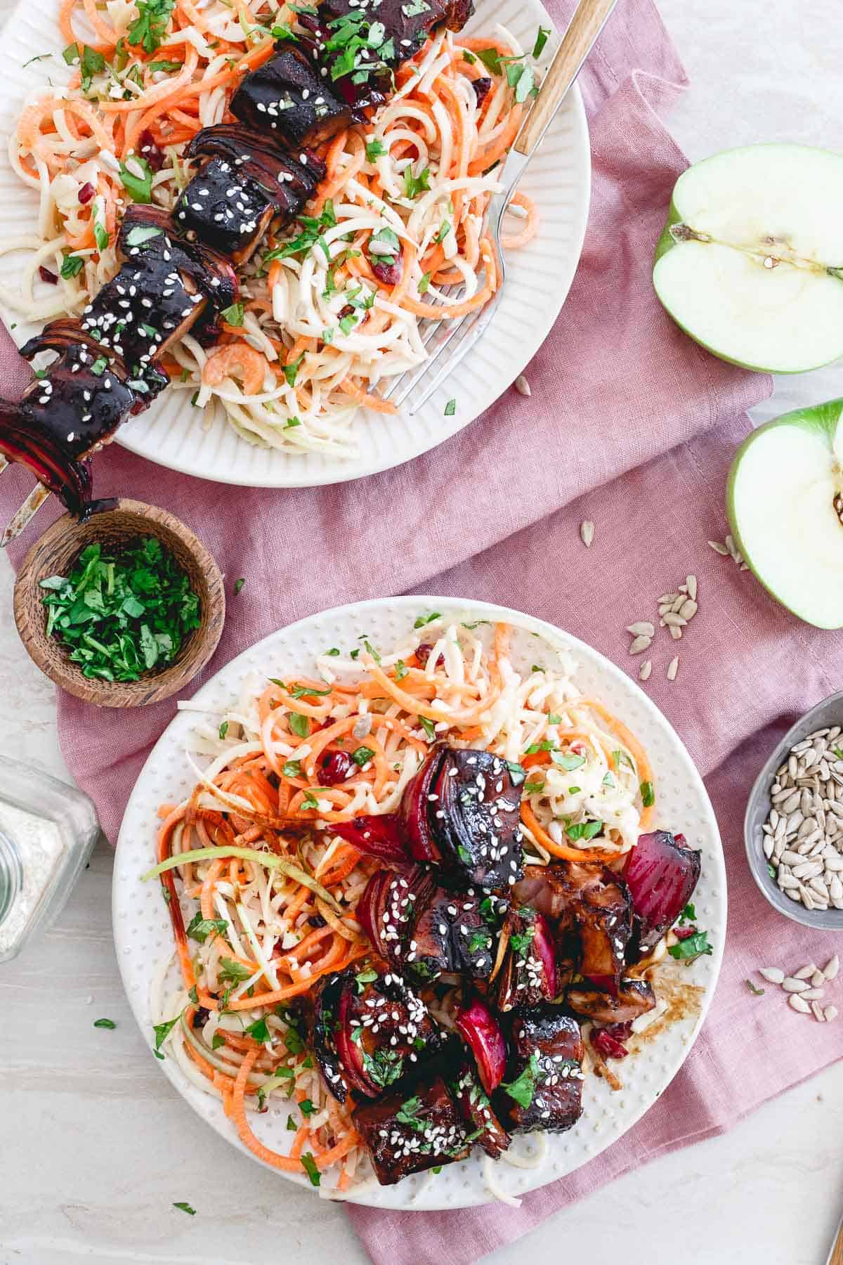 A bright, refreshing spiralized winter salad with tart cherry lime yogurt dressing and these tart cherry glazed Ahi tuna kabobs will brighten any winter blues!