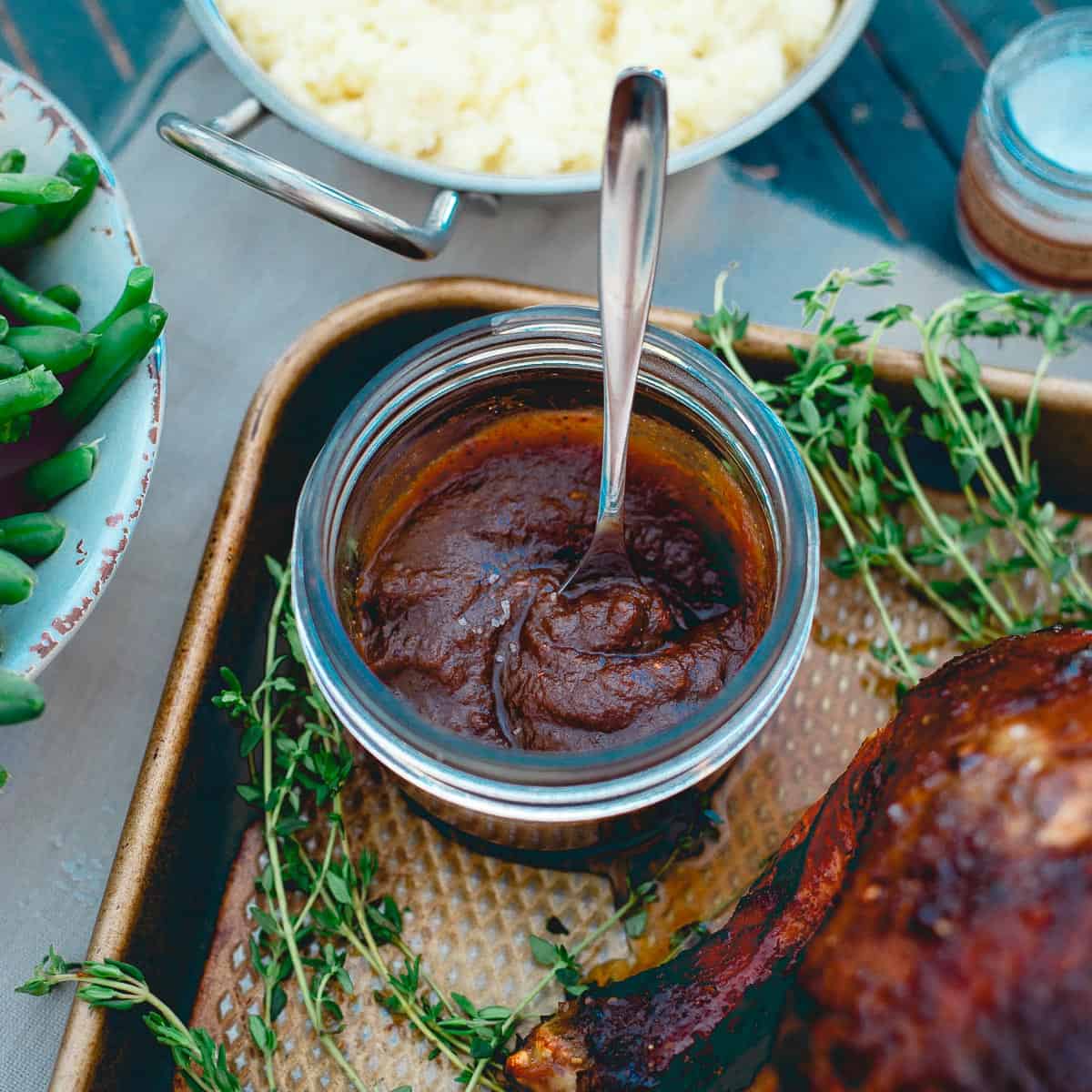 Apple butter with a few savory spices added makes a delicious sauce for a roasted chicken dinner.