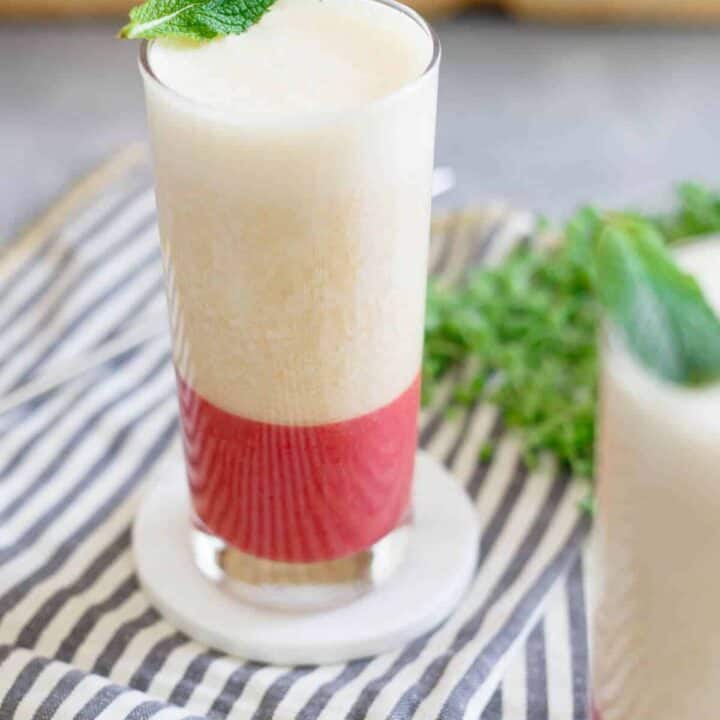This layered strawberry ginger peach smoothie is refreshing and fruit forward with a healthy dose of protein from ultra-filtered milk.