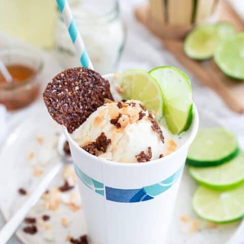 This coconut lime ice cream float is a refreshing summer treat! Fresh lime sweetened seltzer and crumbly toasted coconut cashew crisps make it one of a kind!