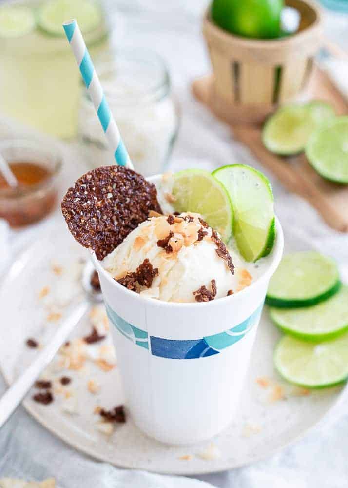 This coconut lime ice cream float is a refreshing summer treat! Fresh lime sweetened seltzer and crumbly toasted coconut cashew crisps make it one of a kind!