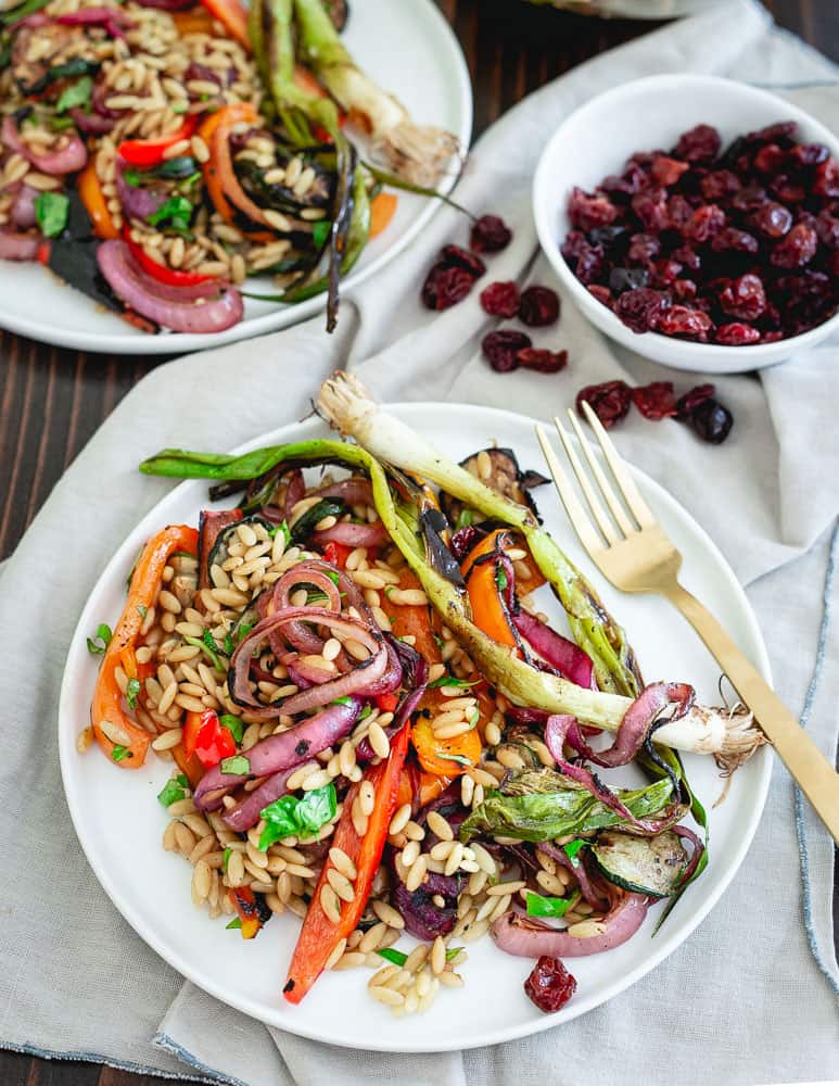 Summer vegetables are coated with a tart cherry balsamic glaze, grilled and then combined with orzo for a deliciously seasonal pasta salad. Great served warm or cold!