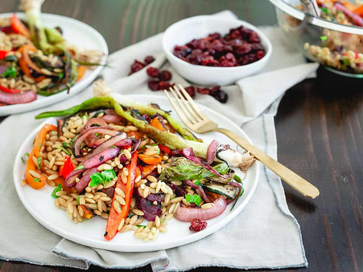 Tart cherry balsamic glazed grilled summer vegetables, orzo and sweet and sour dried tart cherries are a great twist to your summer pasta salad!