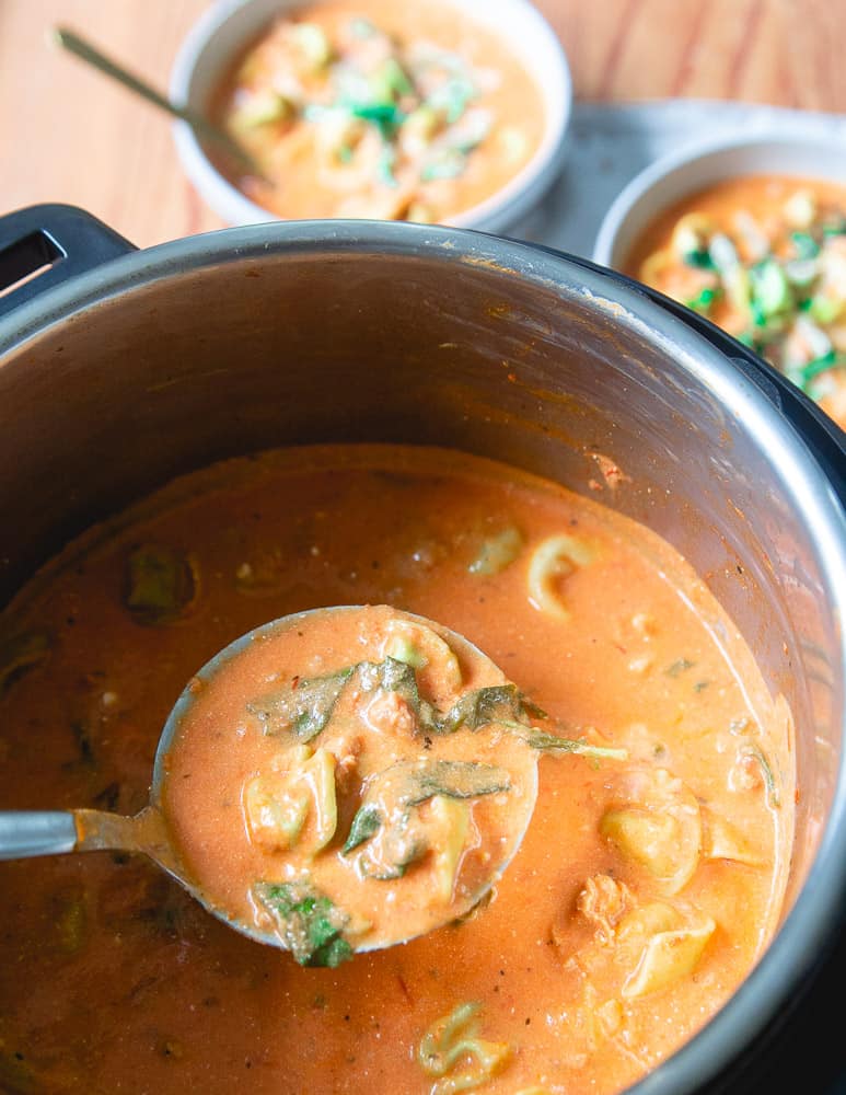 Creamy tortellini soup in a ladle over the Instant pot.