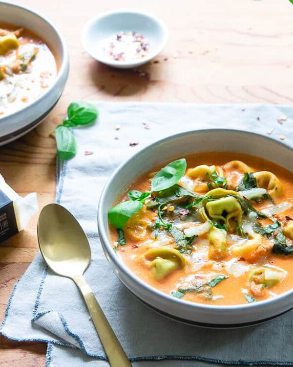 Creamy tomato tortellini soup.