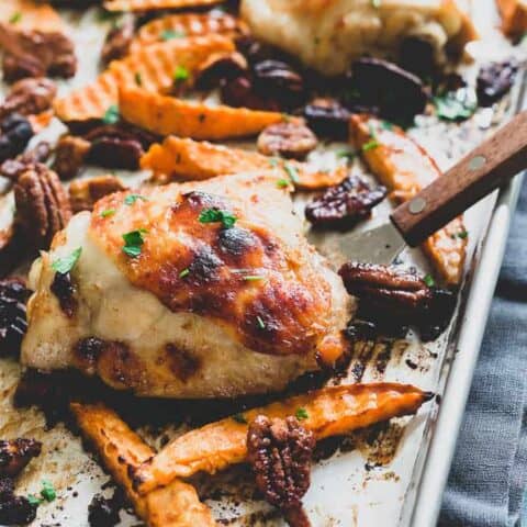 This maple mustard chicken with roasted sweet potatoes and caramelized pecans is a snap. Make everything on one sheet pan and dinner is ready in no time!