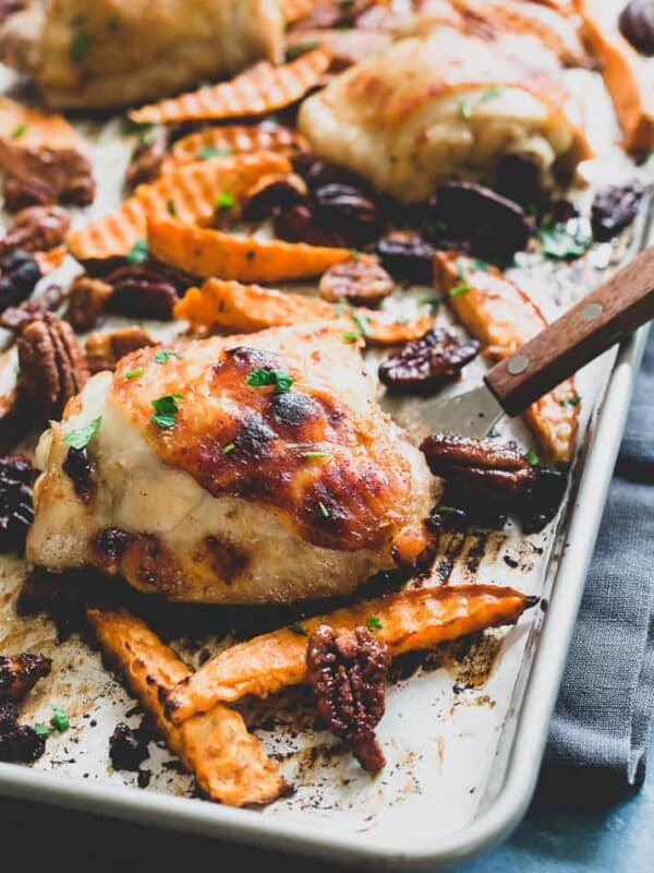 This maple mustard chicken with roasted sweet potatoes and caramelized pecans is a snap. Make everything on one sheet pan and dinner is ready in no time!