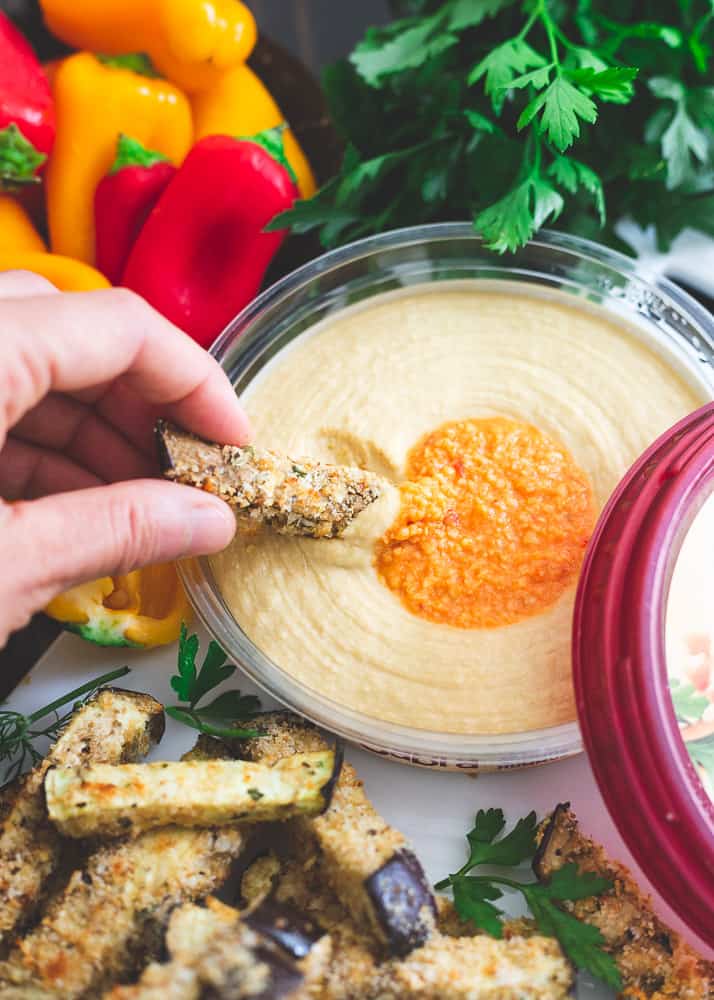 Pick your favorite Sabra hummus as a healthy dipper with these Italian spiced eggplant fries.
