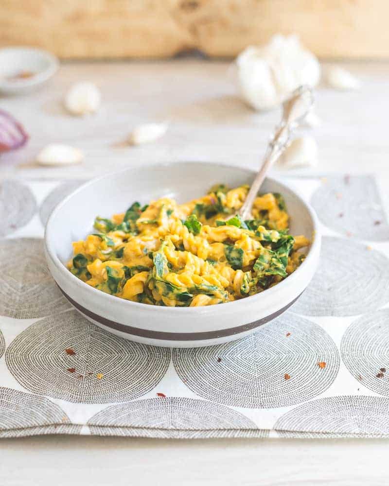 This pumpkin garlic pasta will satisfy all your savory fall cravings with it's creamy texture and hint of seasonal spices.