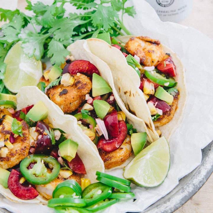 Blackened Shrimp Tacos with Grilled Corn Cherry Salsa