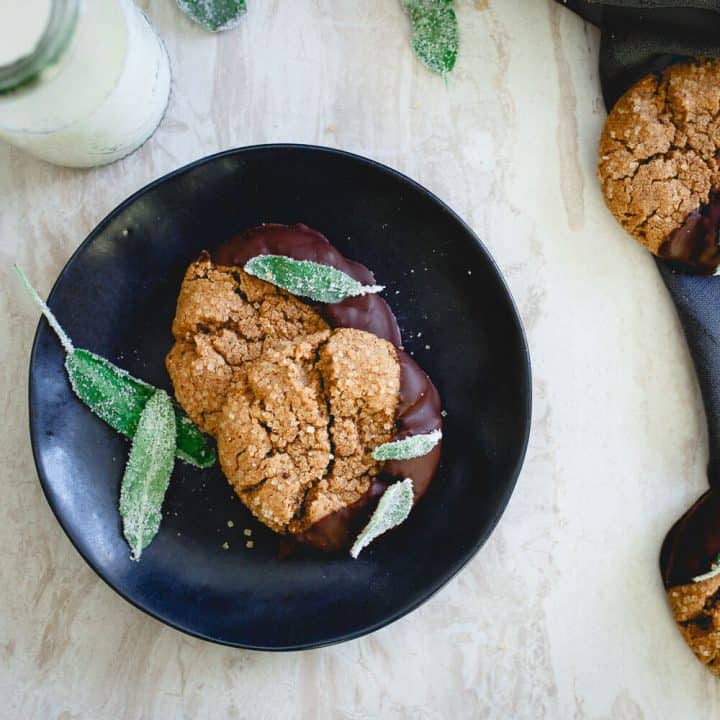 Chocolate Dipped Cashew Almond Butter Cookies with Candied Sage