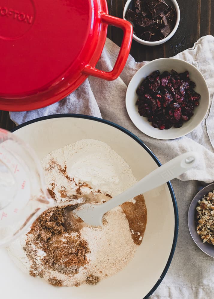 Dutch oven bread filled with cranberries, walnuts and dark chocolate.