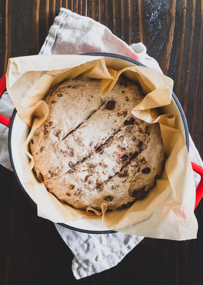 Bake this no-knead bread right in the dutch oven for a crunchy exterior and soft, fluffy middle.