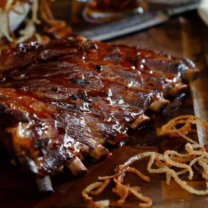Sticky Maple Apple Ribs with Shoestring Fried Apples
