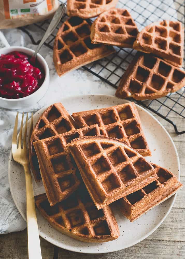 Chestnut flour waffles make a delicious winter breakfast paired with vanilla cranberry compote.