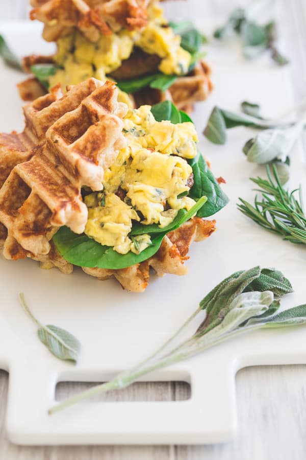 Herbed Cheddar Sausage and Egg Waffle Sandwiches