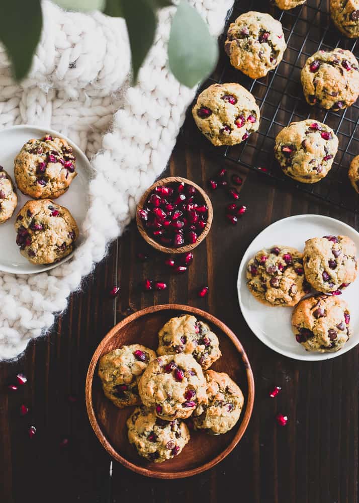 Pomegranates and orange combine in these chocolate chip cookies made with oats for a delicious winter treat.