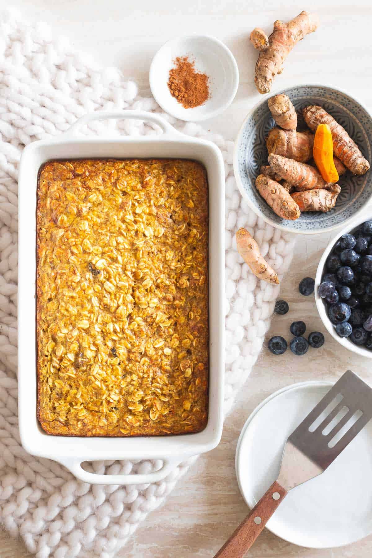 This baked oatmeal with fresh turmeric is healthy and hearty and anti-inflammatory to boost!