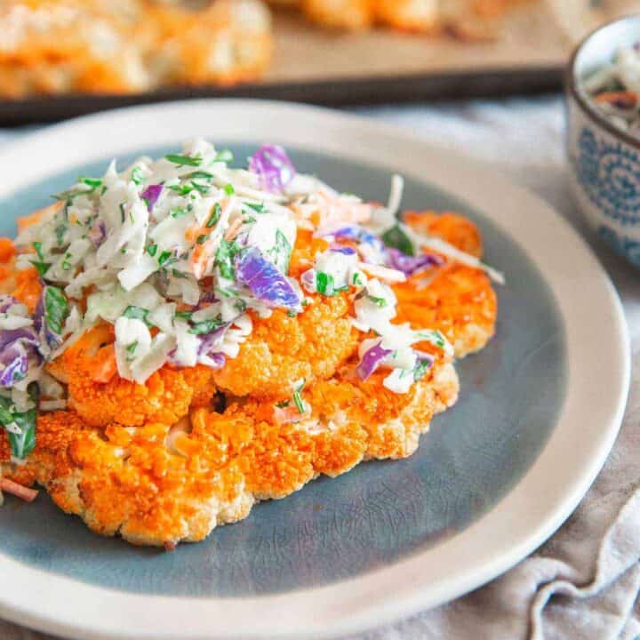 Buffalo Cauliflower Steaks with Blue Cheese Coleslaw