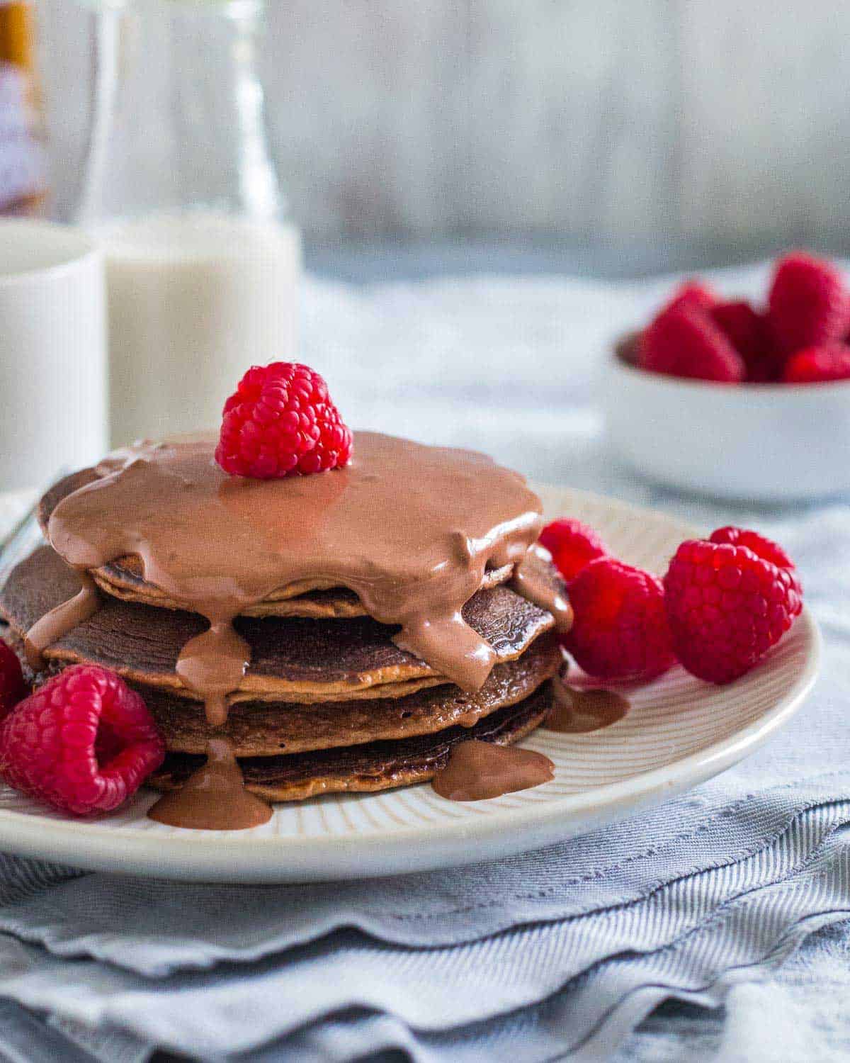 These chocolate protein pancakes are a healthy, indulgent breakfast packed with protein. Perfectly sweet, full of chocolate and good for you!