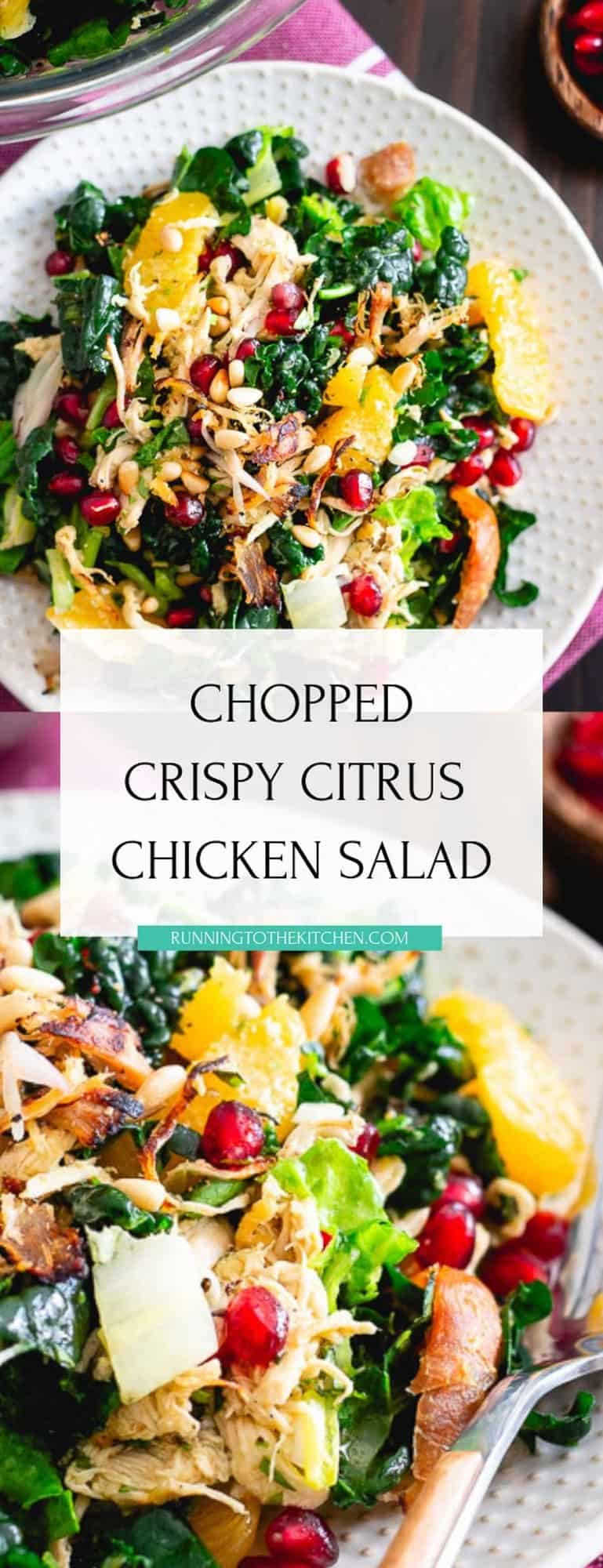 This chopped winter kale salad is packed with crispy rotisserie chicken, bright winter citrus, pomegranates, toasted pine nuts, fresh herbs and hearty bed of Tuscan kale then tossed in an orange dijon dressing.