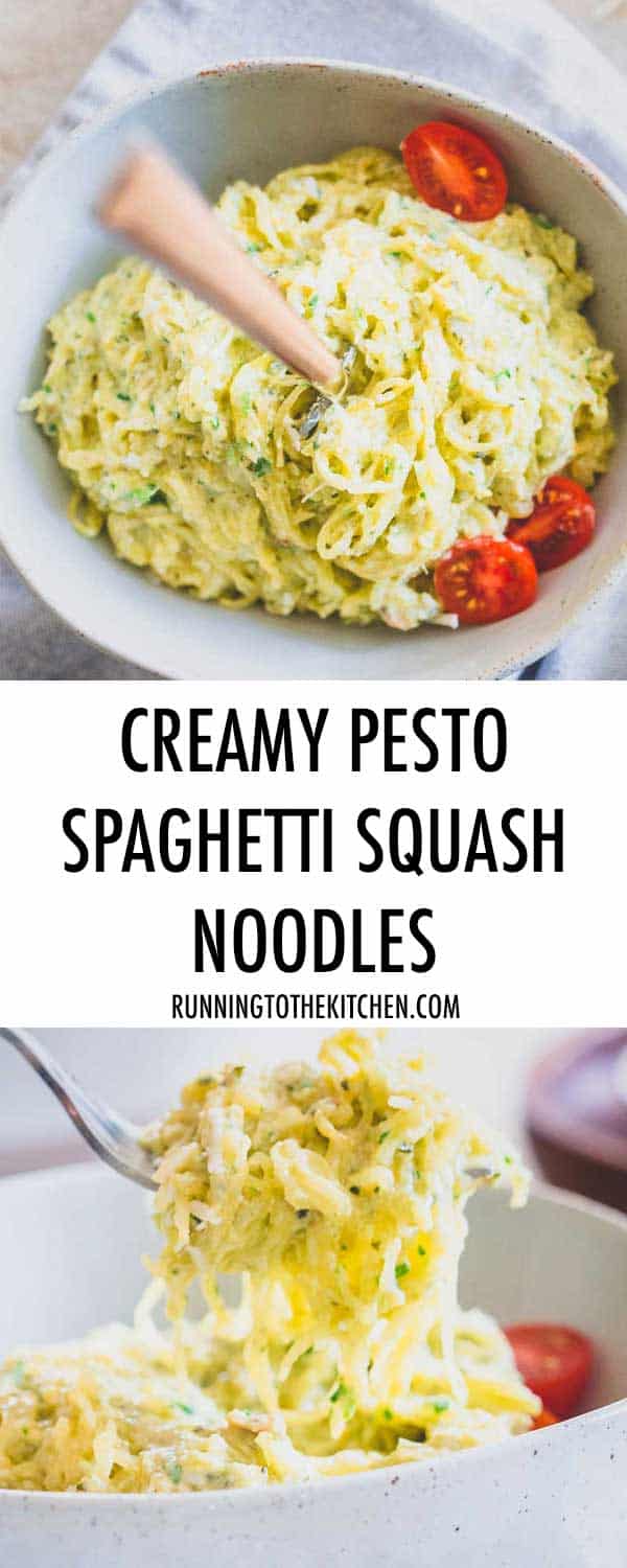 Try these healthier creamy pesto spaghetti squash noodles when you're craving comfort food but don't want to blow your diet.