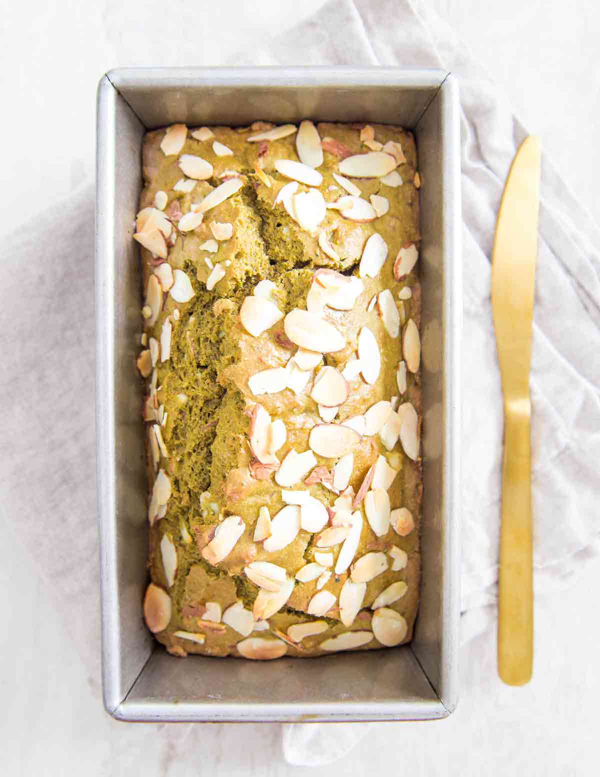 Matcha Bread with almonds is a delicious and easy quick bread recipe perfect for snacking, breakfast or dessert.