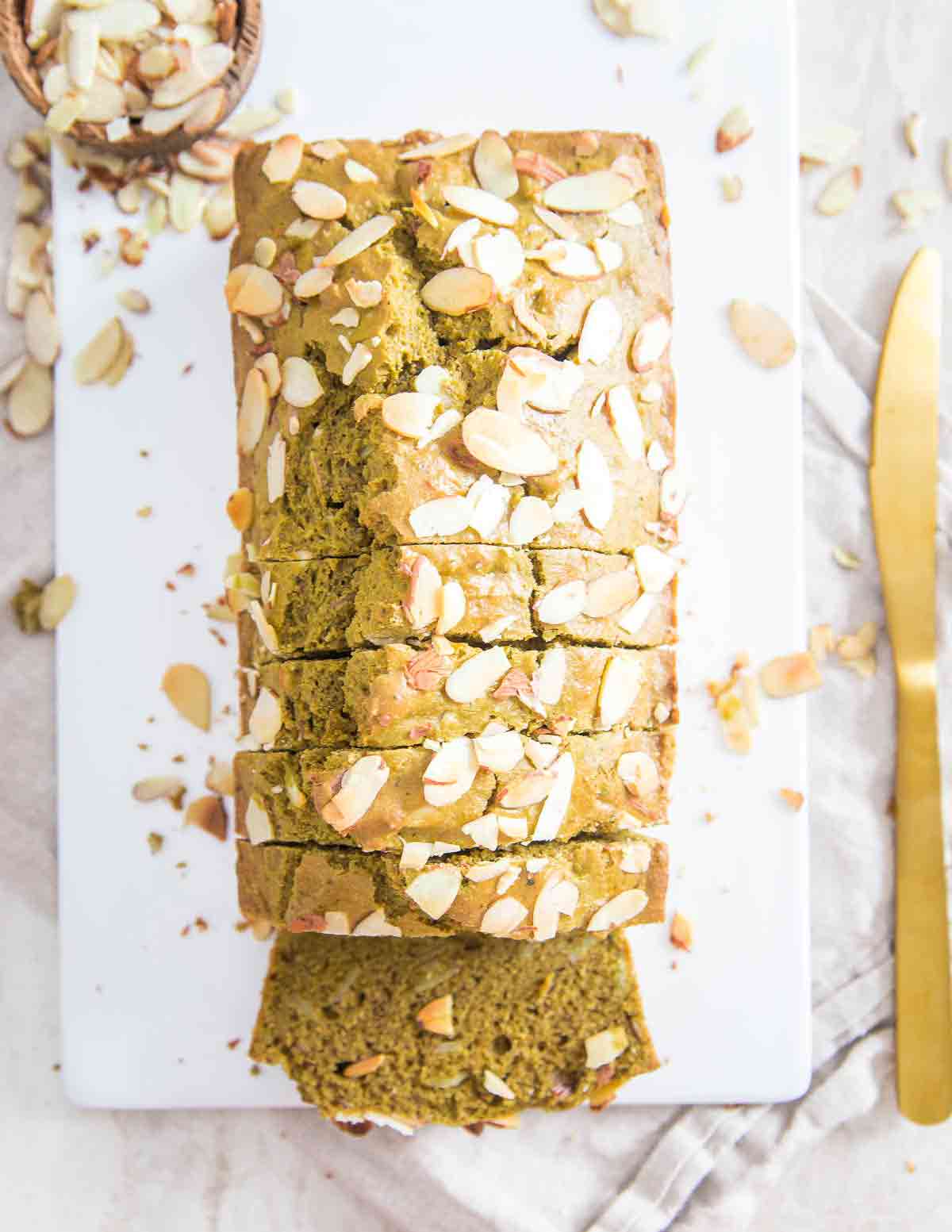 Matcha almond bread is moist, aromatic and flavorful all while boasting the health benefits of green tea powder.