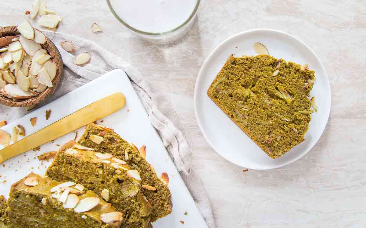 Try a slice of this matcha bread with sliced almonds for an afternoon snack.