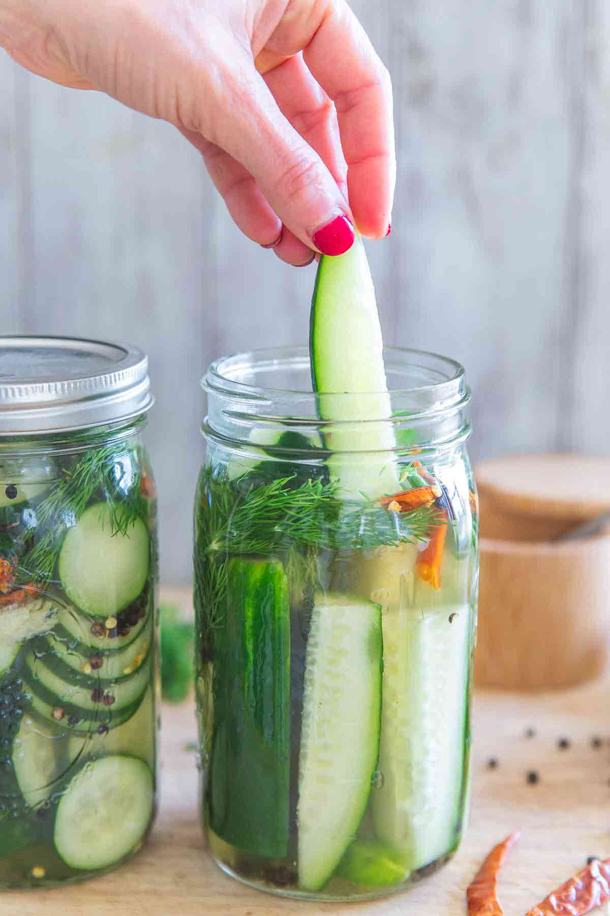 Easy refrigerator garlic dill pickles with or without dried chilis for spice are an easy homemade pickle recipe with no canning necessary!