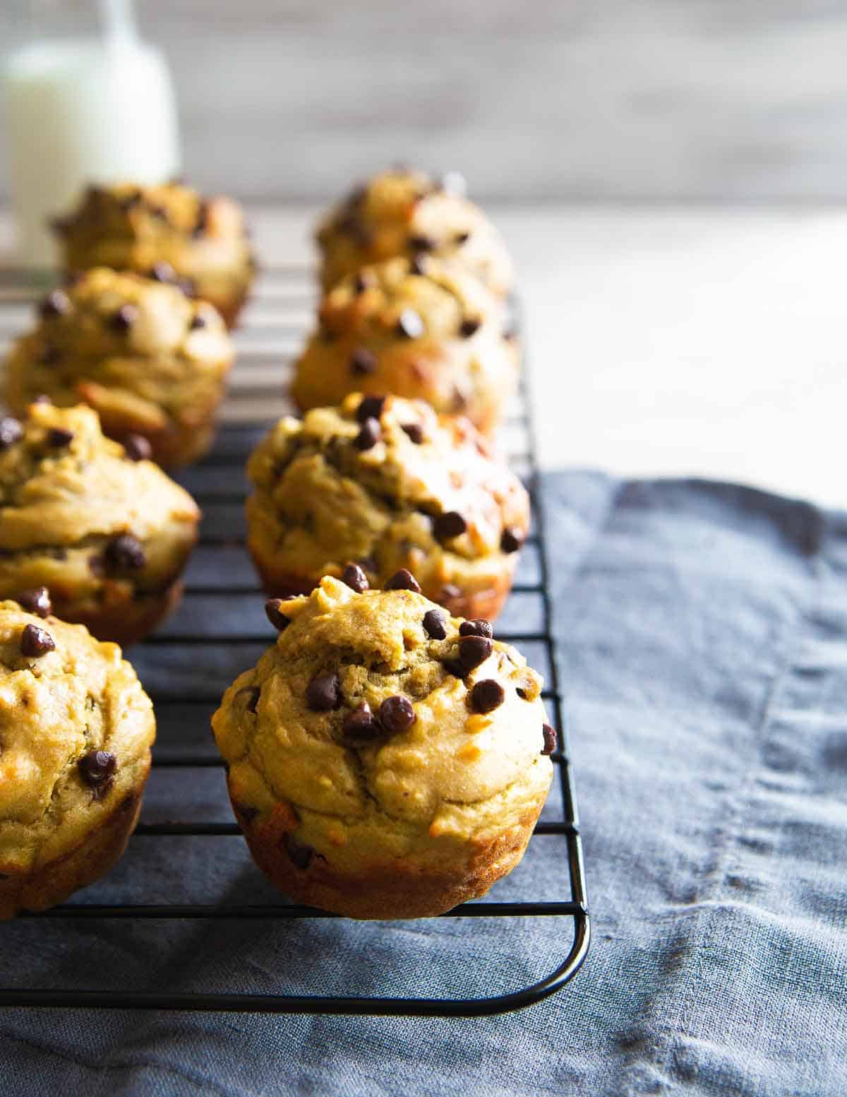 These avocado muffins are packed with healthy fats, made with whole wheat flour and studded with chocolate chips for a fun and satisfying snack.