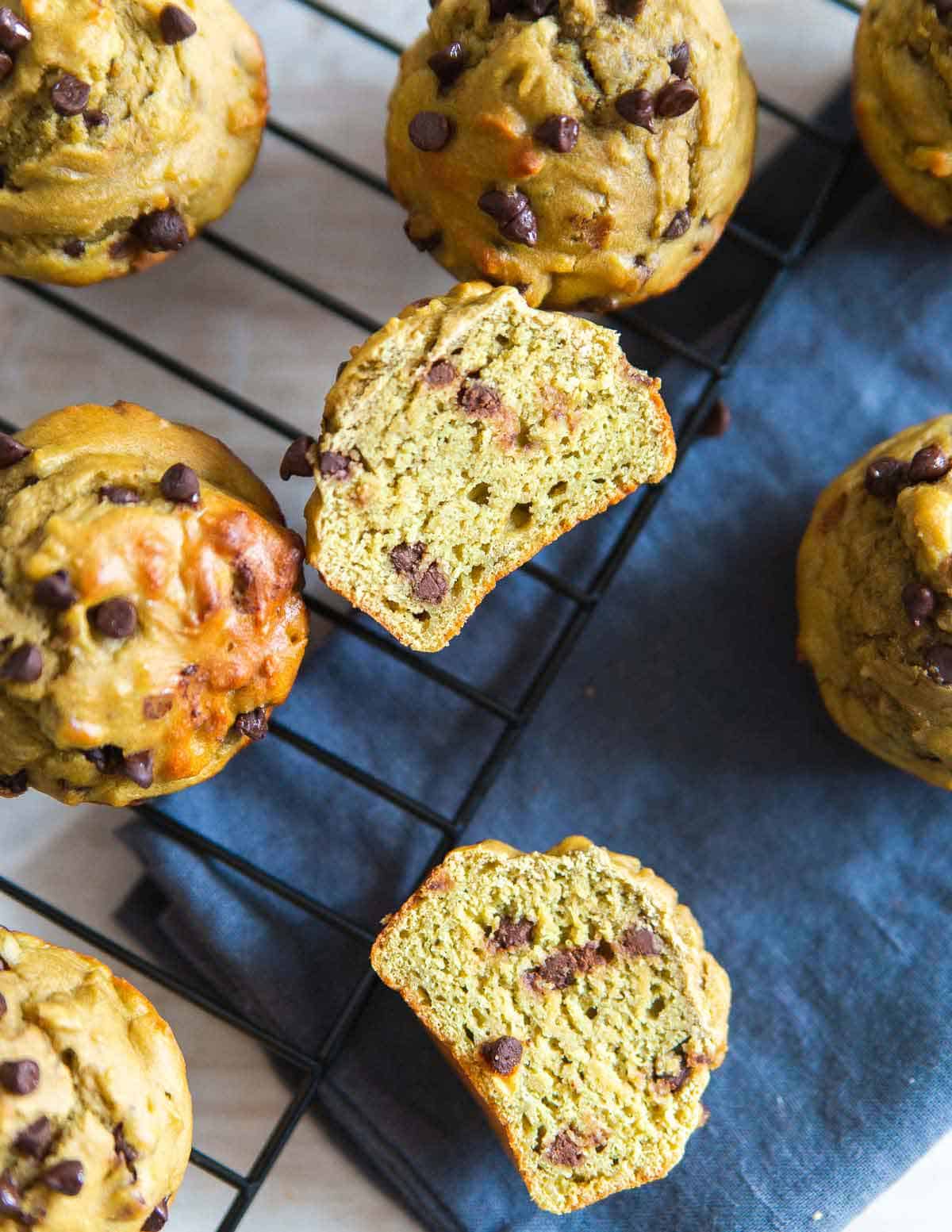 These avocado muffins are studded with mini chocolate chips for a fun and healthy snack.