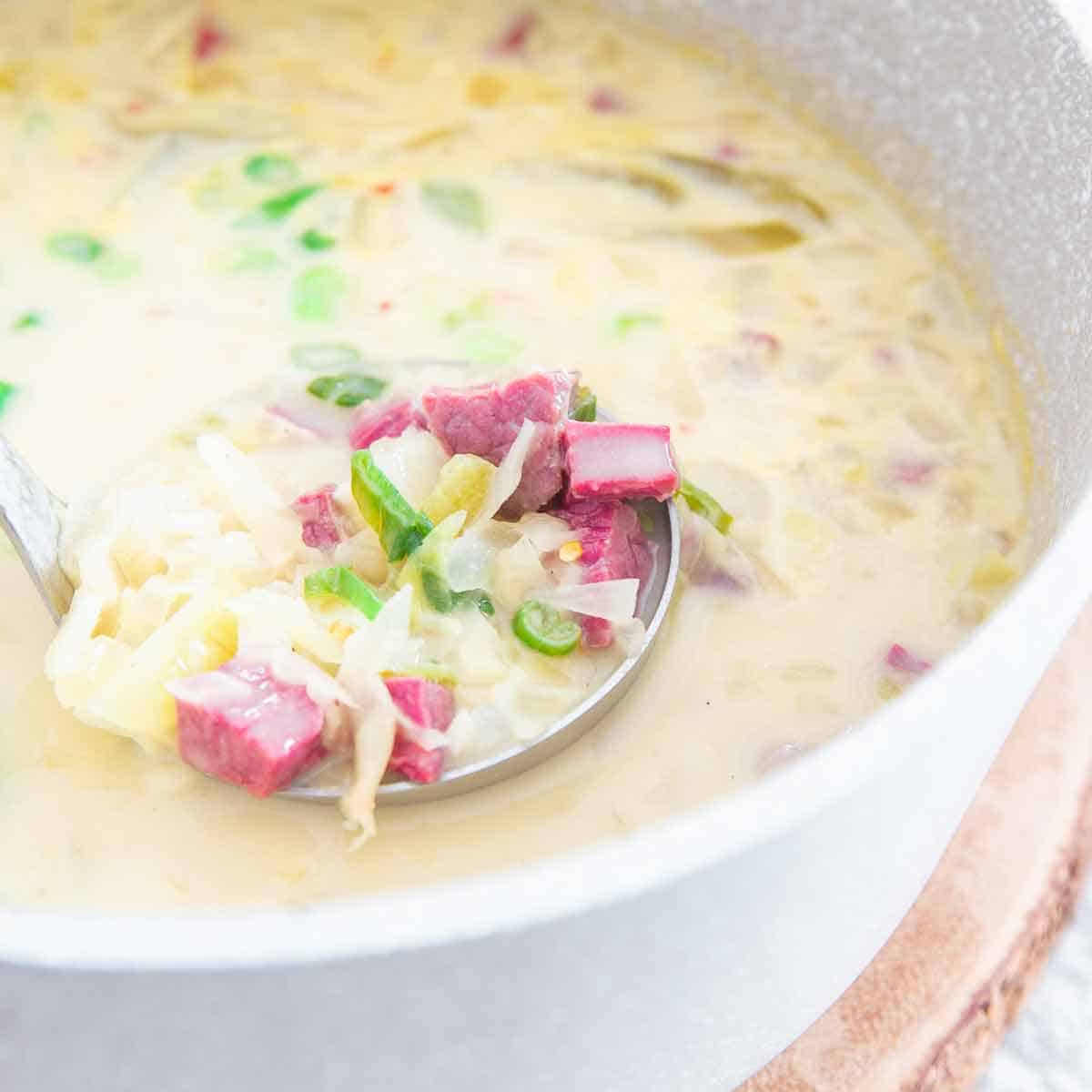Creamy and comforting Reuben soup is a great recipe for using up leftover corned beef this St. Patrick's Day.