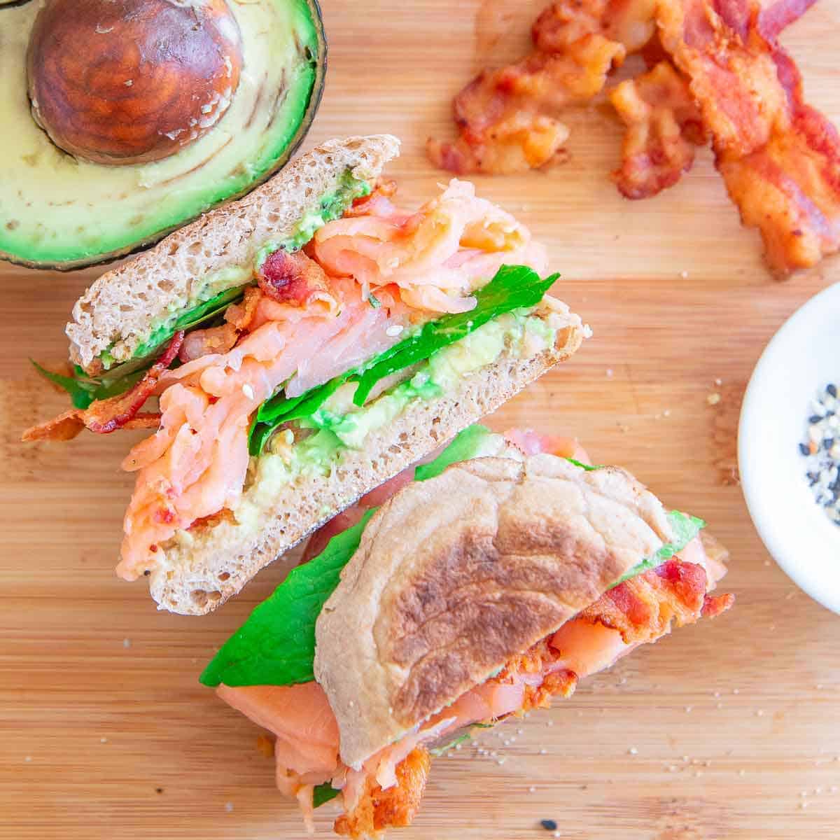 Smoked salmon is a great way to add some protein to your favorite BLT. Smashed avocado and everything bagel seasoning makes this one even more delicious!