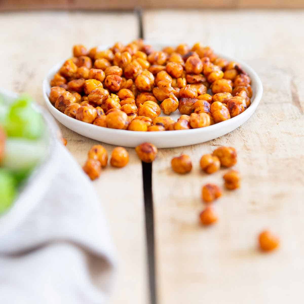 These crunchy roasted BBQ chickpeas are great for healthier snacking or adding to salads for some texture and delicious flavor.