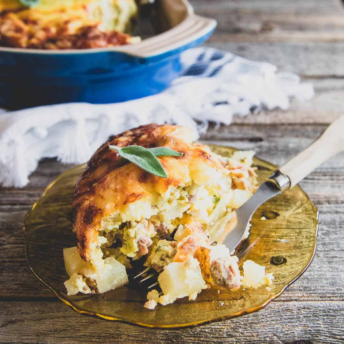 This easy recipe for potato breakfast casserole is hearty and perfect to feed a hungry family on a weekend morning!