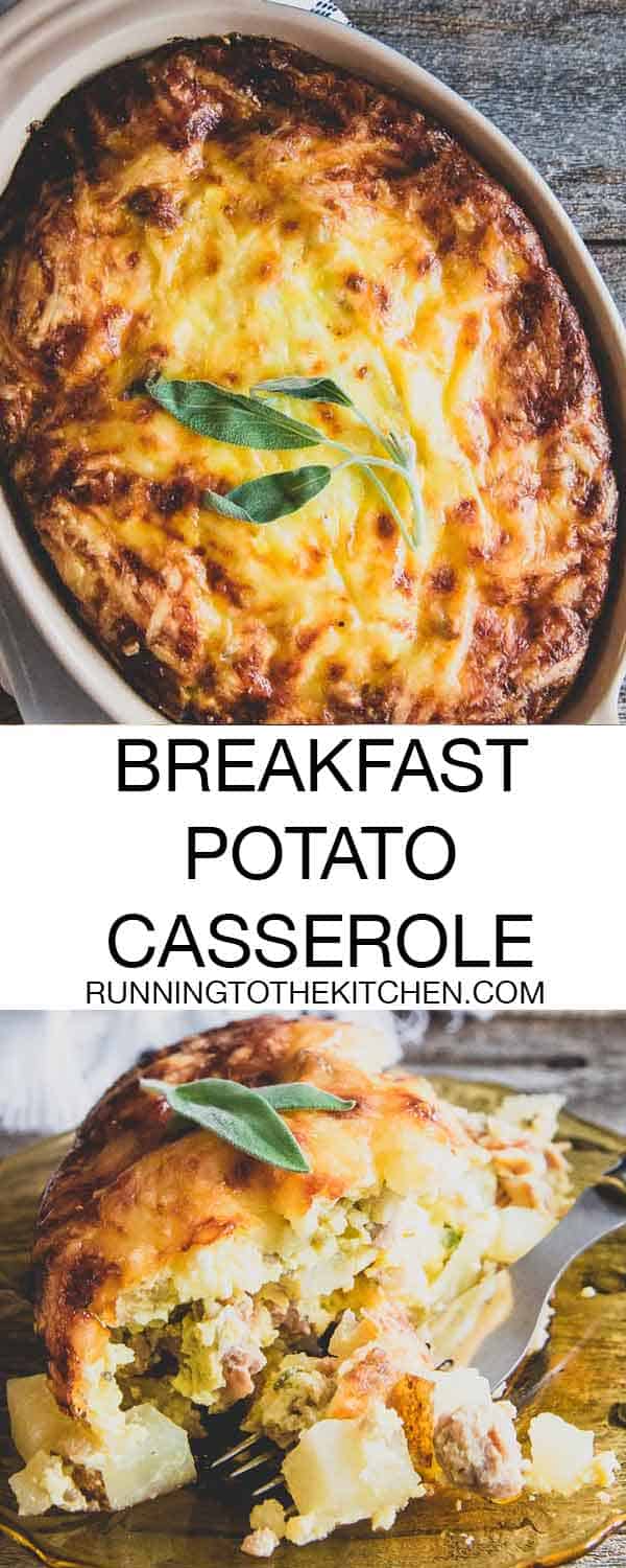 This breakfast potato casserole is an easy recipe packed with flavor from turkey sausage, lots of butter Jarlsberg cheese and grated apples.