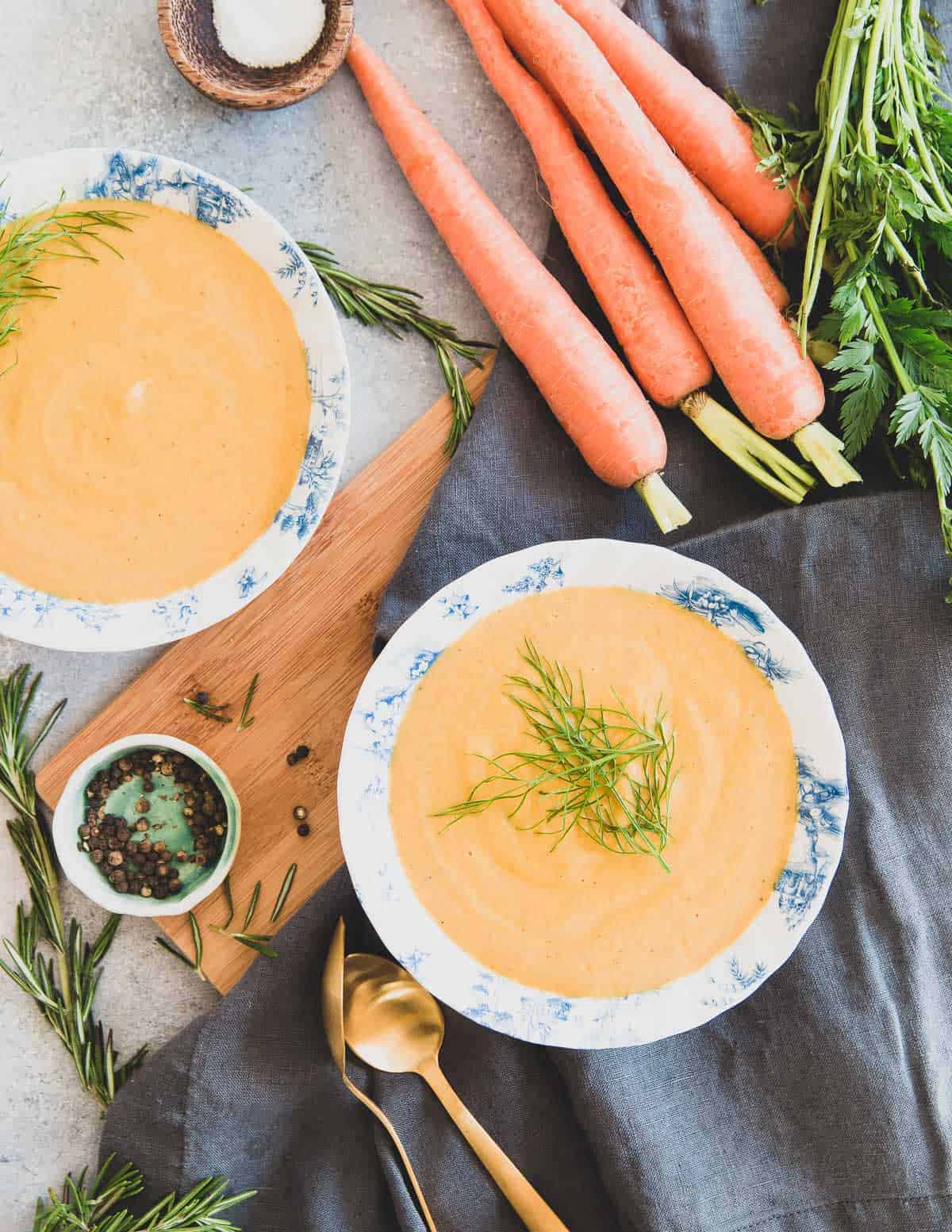 This creamy carrot soup is hearty and filling with cannellini beans yet light and refreshing for spring with fresh fennel. Vegan and gluten-free!