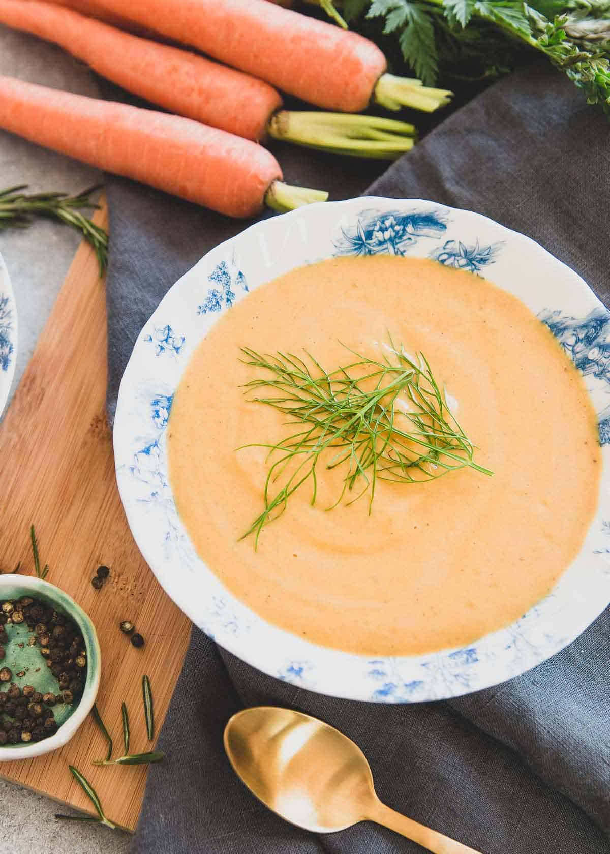 Creamy, vegan carrot and white bean soup adds fennel for the perfect spring meal.