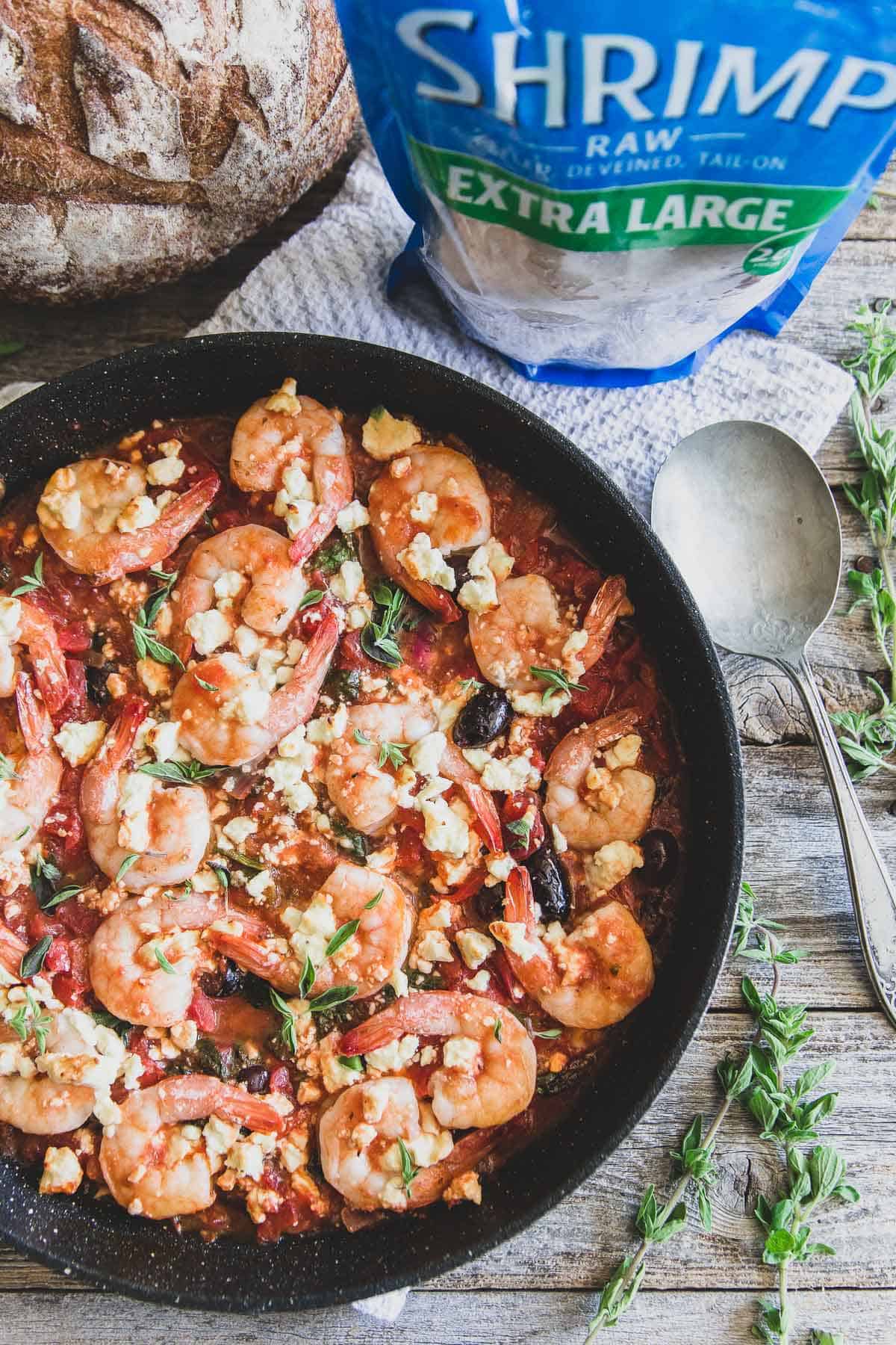 Frozen shrimp make this Greek shrimp skillet super easy for a tasty weeknight meal.