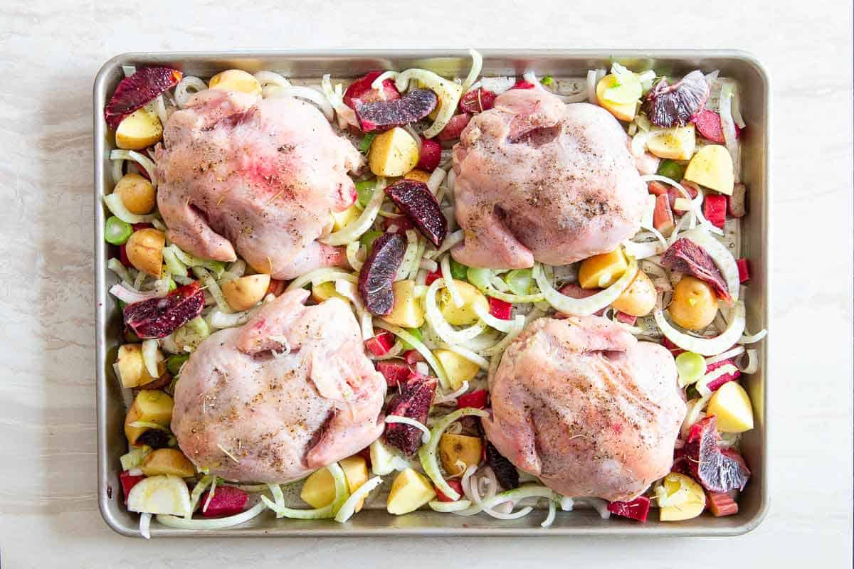 Making Cornish Game Hens on a sheet pan is the simplest way to enjoy these perfect portion sized birds!