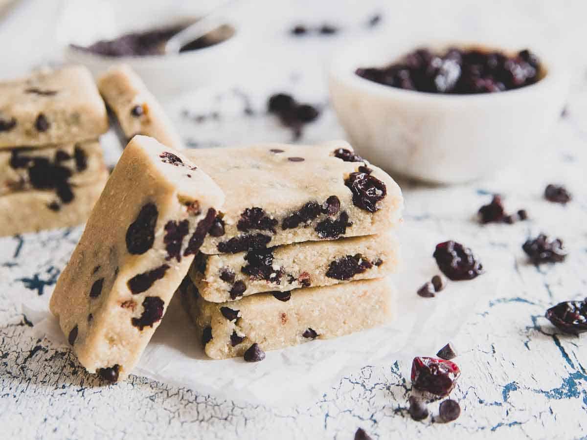 Try one of these healthy cherry chocolate chip cookie dough bars for a deliciously decadent snack!