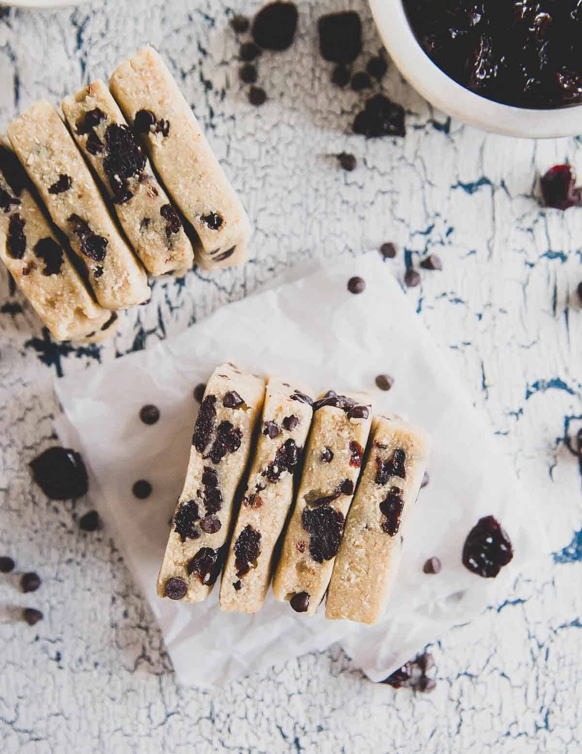 No bake chocolate chip cookie dough bars make a delicious snack or dessert without the guilt!