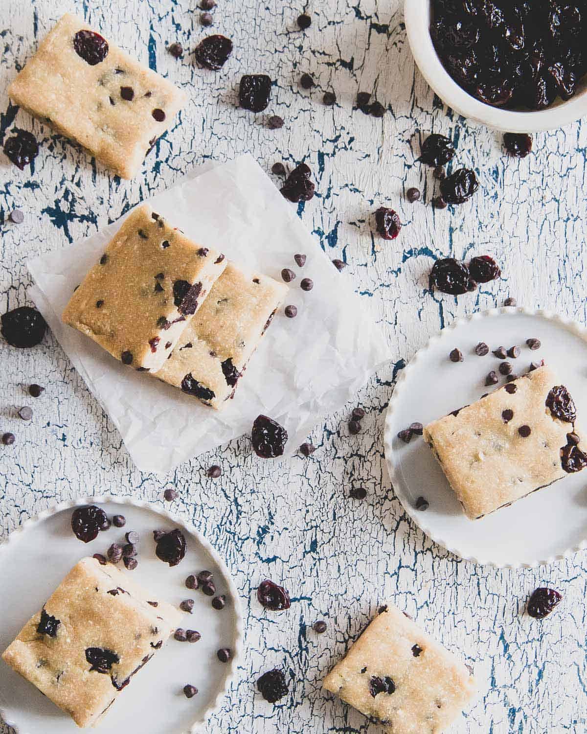 Edible cookie dough without the guilt! These no bake cookie dough bars are a healthier twist than licking the cookie bowl clean.