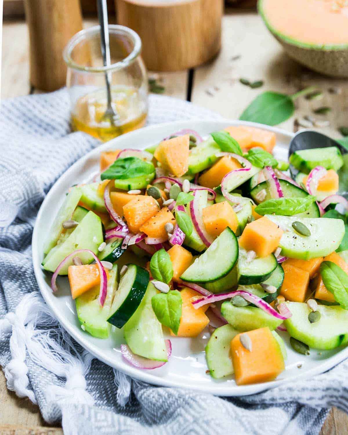 This cucumber melon salad is a great summer salad. With pickled onions and sweet, ripe cantaloupe, it goes great alongside any grilled meat.
