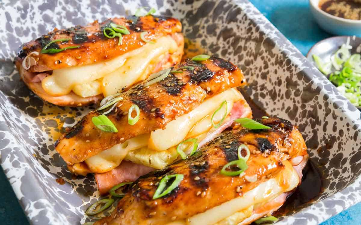 Hawaiian pineapple chicken with ham and melted cheese and a Teriyaki glaze.